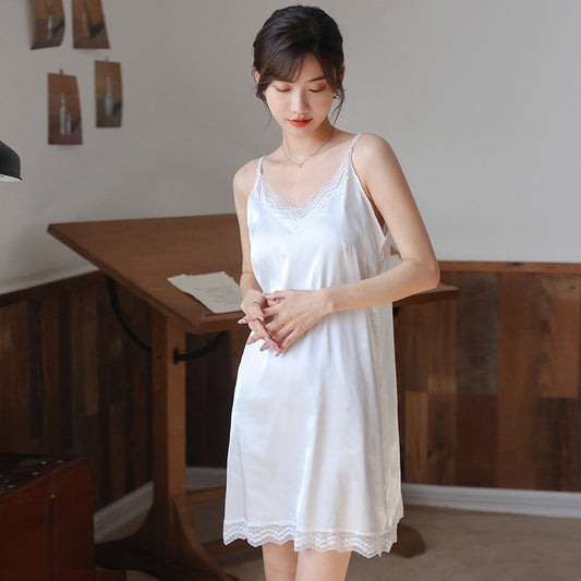 Silk Slip Dress With Satin Lace Mid-length Petticoat Vest Bottoming Dress