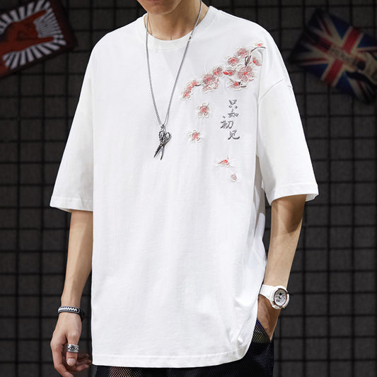Crane Embroidery Lovers Summer Half-Sleeved T-Shirt Ins Street Hip-Hop Short-Sleeved