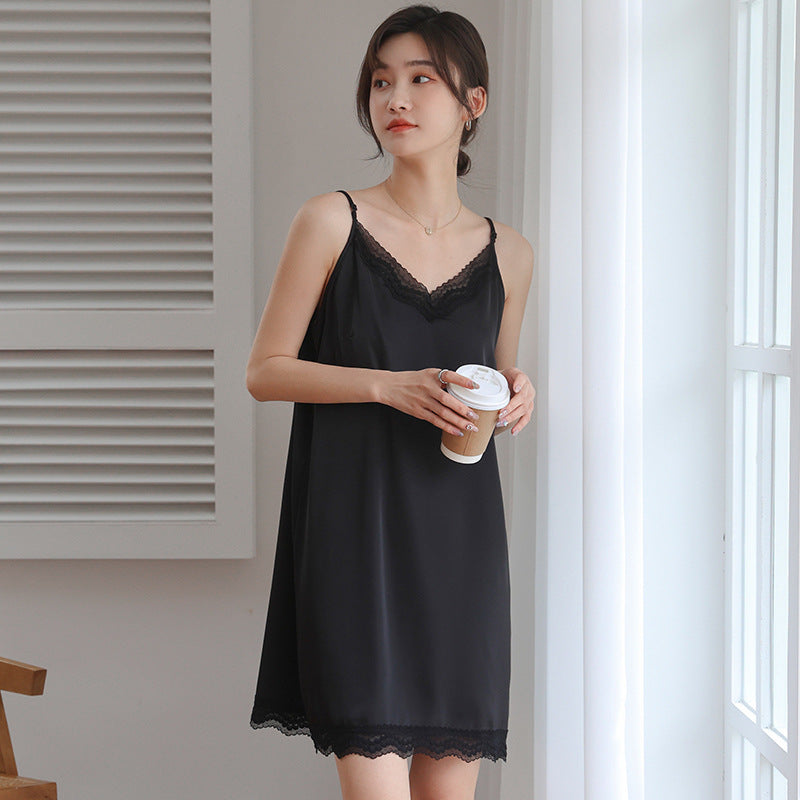 Silk Slip Dress With Satin Lace Mid-length Petticoat Vest Bottoming Dress